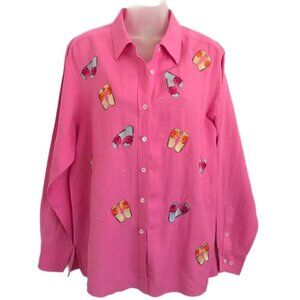 Womens Embroidered Linen Blend Shirt M Pink Novelty Print Long Sleeve Beach